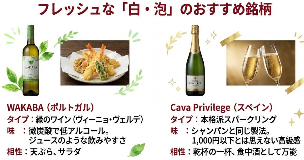 WAKABAやカヴァ・プリヴィレッジなど、フレッシュな白ワインと本格派スパークリングワインのおすすめ銘柄