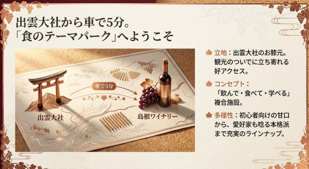 出雲大社から車で5分。飲んで・食べて・学べる複合施設の紹介スライド