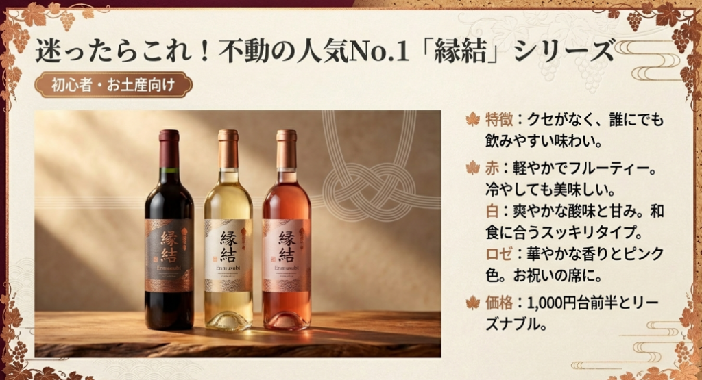 初心者向け。赤・白・ロゼの3種類がある「縁結」ワインの特徴と価格の紹介