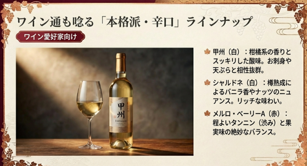 ワイン愛好家向け。甲州、シャルドネ、メルロ・ベーリーAの味わい解説