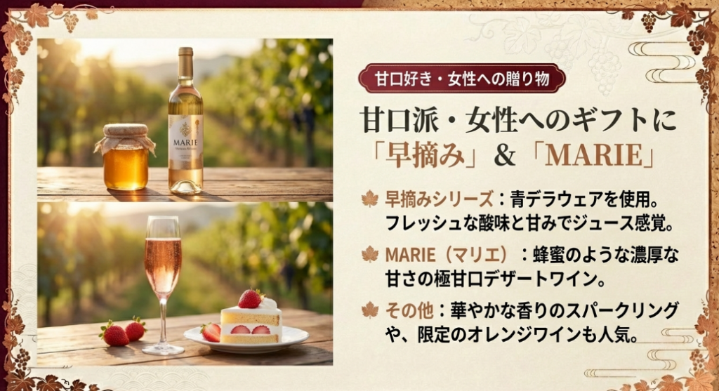 女性や甘口好きにおすすめの早摘みデラウェアと極甘口ワインMARIEの紹介