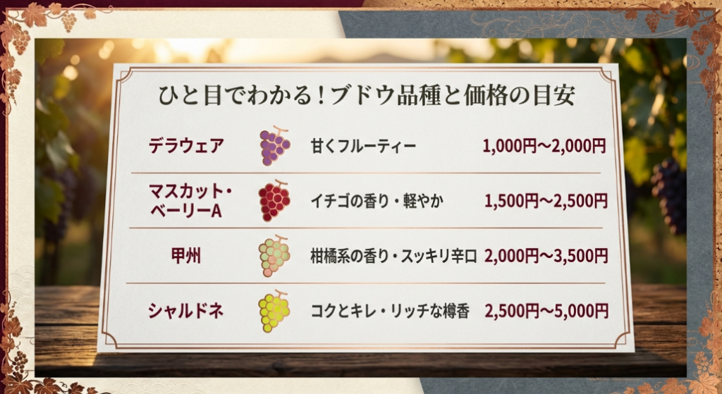 デラウェア、甲州、シャルドネなどの品種ごとの特徴と1,000円〜5,000円の価格目安