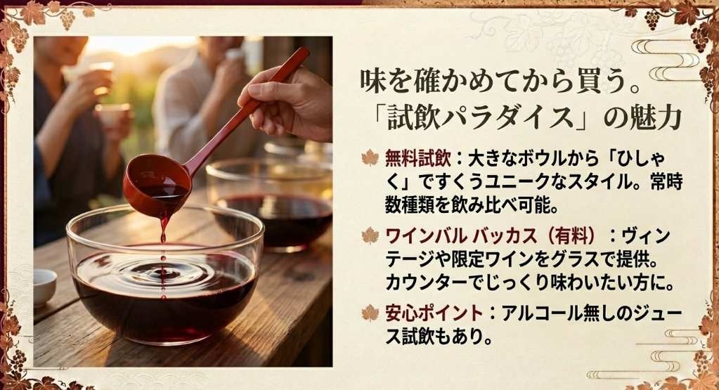 ひしゃくですくう無料試飲と、有料ワインバル「バッカス」の案内スライド