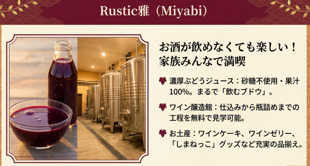 100%ぶどうジュース、無料の工場見学、島根県キャラ「しまねっこ」グッズの紹介