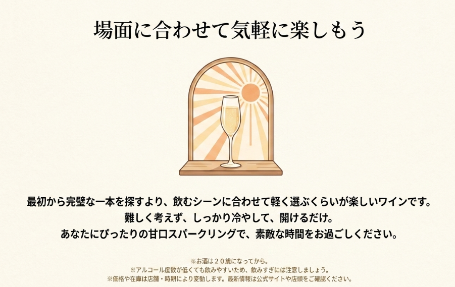カルディの甘口スパークリングワインを場面に合わせて気軽に楽しむまとめ画像