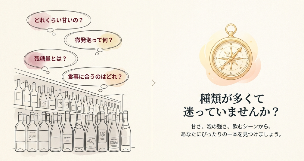 カルディの甘口スパークリングワインで甘さや泡や残糖量に迷う様子