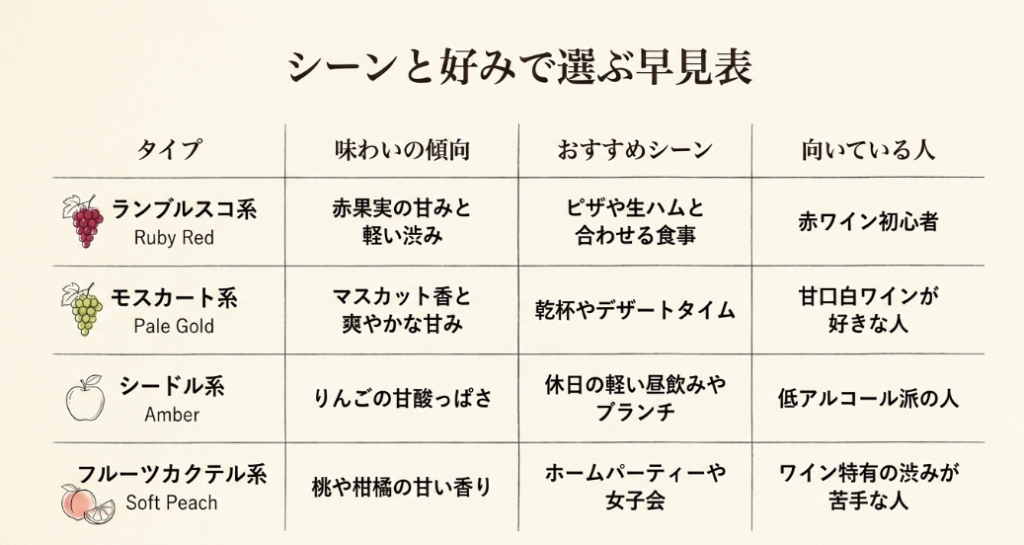 甘口スパークリングワインを味わい、シーン、向いている人で比較した表