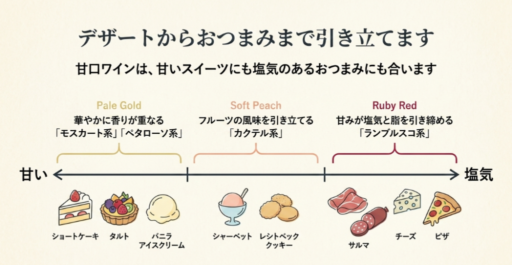 甘口スパークリングワインがスイーツや塩気のあるおつまみに合うことを示す相性図