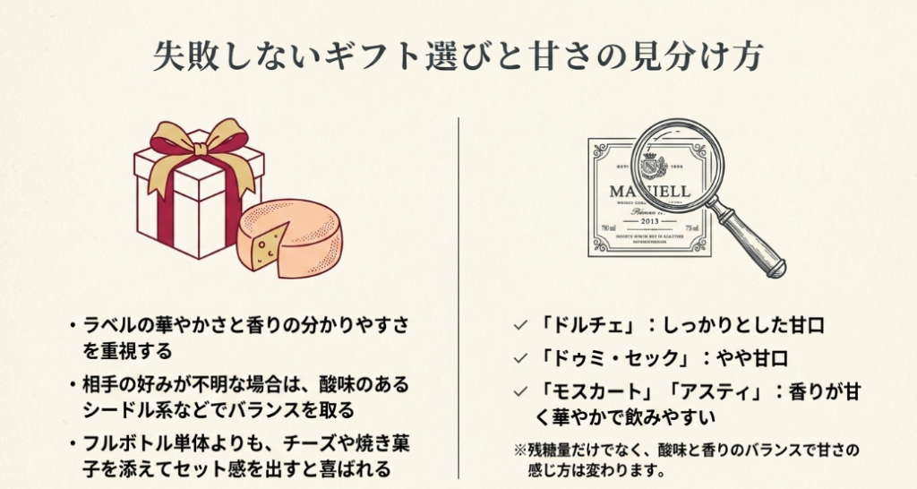 甘口スパークリングワインをギフトに選ぶ際のラベルや甘さ表記の確認ポイント