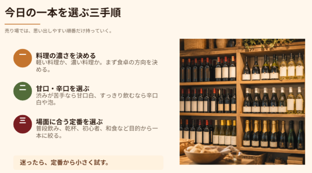 料理の濃さ、甘口・辛口、飲む場面の順に考えて、カルディで今日飲むワインを選ぶ手順を示したスライド