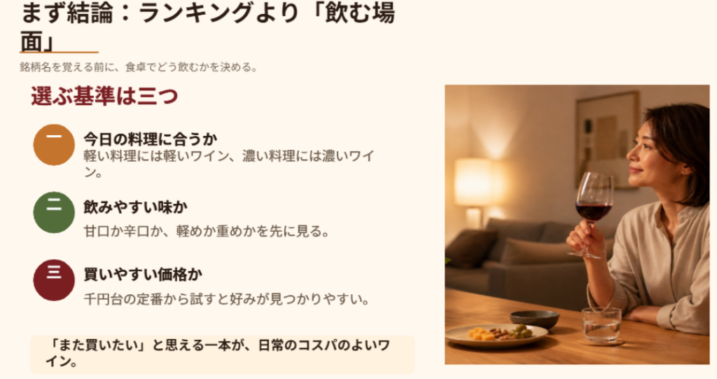 カルディワインをランキングだけでなく、料理・飲みやすさ・価格の三つの基準で選ぶ考え方を説明したスライド