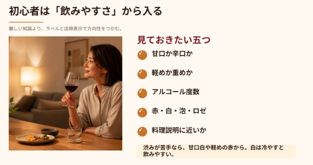 ワイン初心者がカルディで見るべき甘口・辛口、軽め・重め、アルコール度数などのラベル確認ポイントをまとめたスライド
