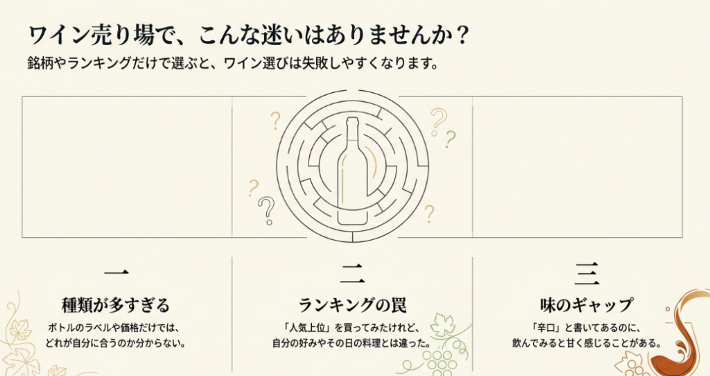 カルディの白ワイン選びで、種類の多さ、ランキング頼み、辛口表記と味のギャップに迷いやすいことを説明したスライド
