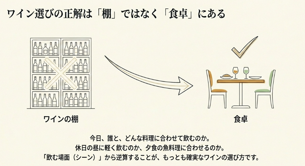 カルディの白ワインは銘柄や棚だけで選ばず、誰とどんな料理に合わせて飲むかから選ぶのが分かりやすいと示すスライド