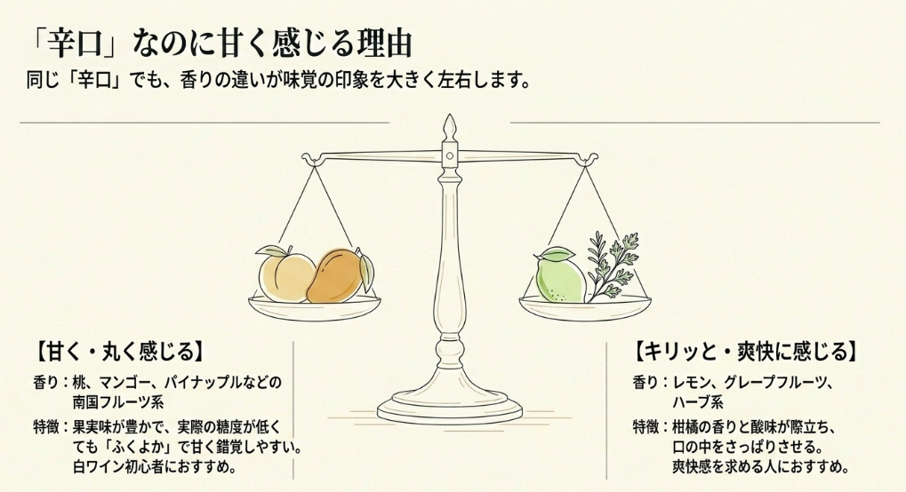 辛口白ワインでも、桃やマンゴーなどの果実香は甘く丸く感じ、レモンやハーブ系の香りはキリッと爽快に感じることを示したスライド