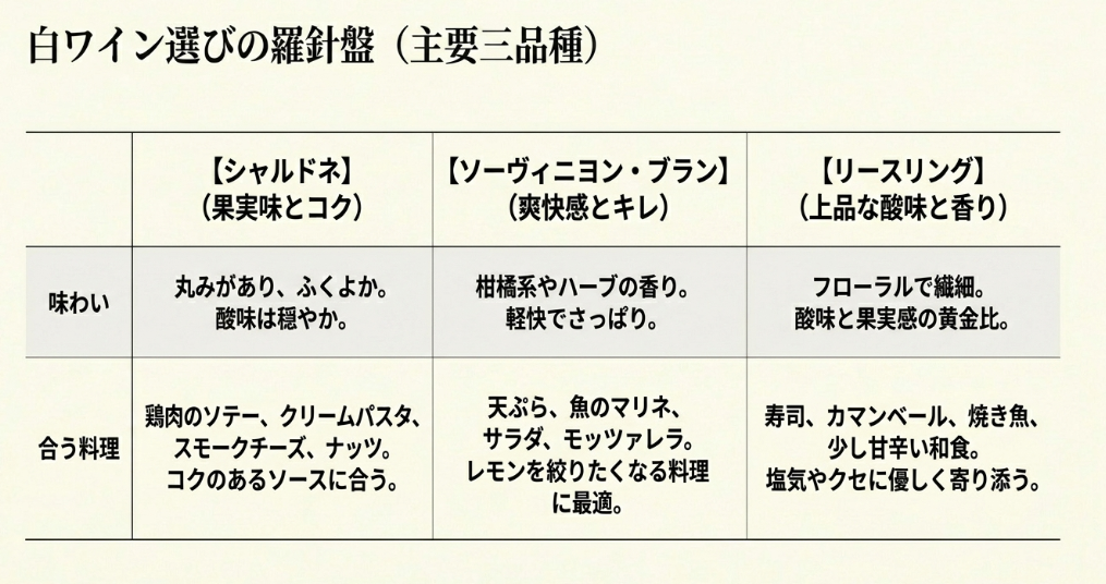 カルディの辛口白ワイン選びで、シャルドネ、ソーヴィニヨン・ブラン、リースリングの味わいと合う料理を比較したスライド