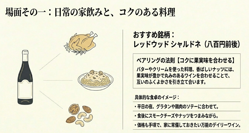 カルディのレッドウッド シャルドネは、鶏肉、クリームパスタ、ナッツなどコクのある料理に合わせやすいことを説明したスライド