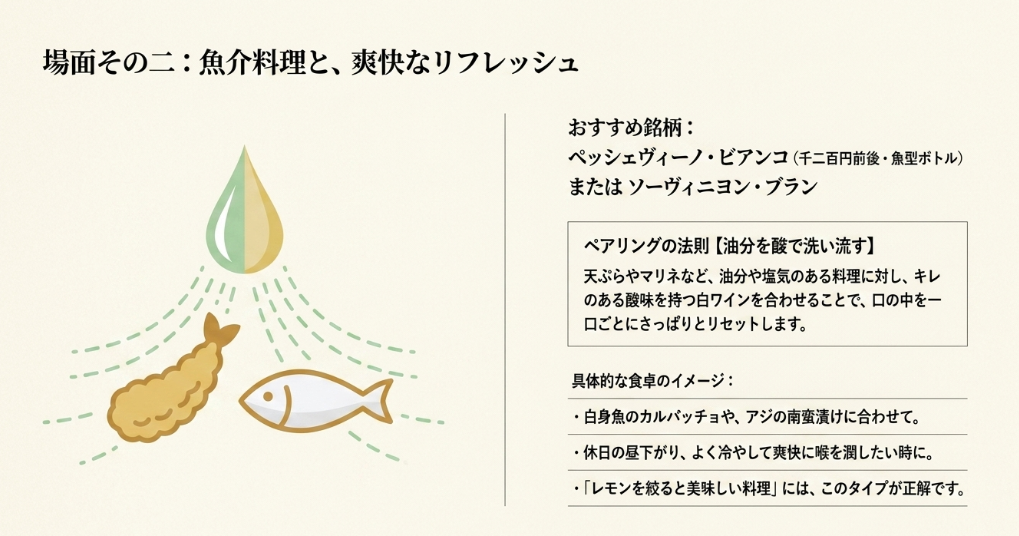 ペッシェヴィーノ・ビアンコやソーヴィニヨン・ブランは、魚介料理や天ぷら、マリネに合わせやすい爽快な白ワインであることを示したスライド