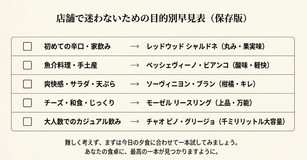 初めての辛口、魚介料理、チーズ、和食、大人数の家飲みなど、目的別にカルディの白ワインを選べる早見表スライド