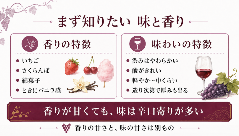 マスカット・ベーリーAの香りはいちごや綿菓子、味わいはやわらかな渋みときれいな酸が特徴であることを説明したスライド