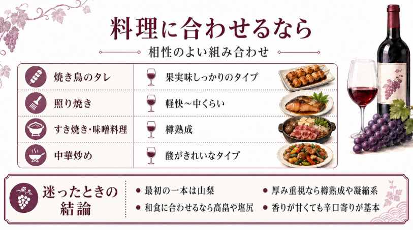 焼き鳥のタレ、照り焼き、すき焼き、味噌料理、中華炒めに合うマスカット・ベーリーAのタイプを示したスライド