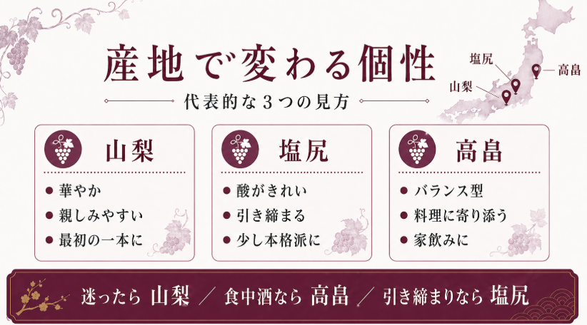 山梨、塩尻、高畠のマスカット・ベーリーAについて、華やかさ、酸、食事との相性の違いを比較したスライド
