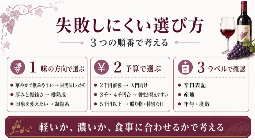 マスカット・ベーリーAを味の方向、予算、ラベル確認の3つの順番で選ぶ方法を整理したスライド