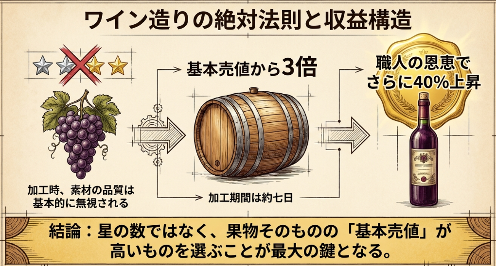 ワインは果物の基本売価3倍で、職人によりさらに40パーセント上昇し、素材の星品質は基本的に影響しないことを示す図