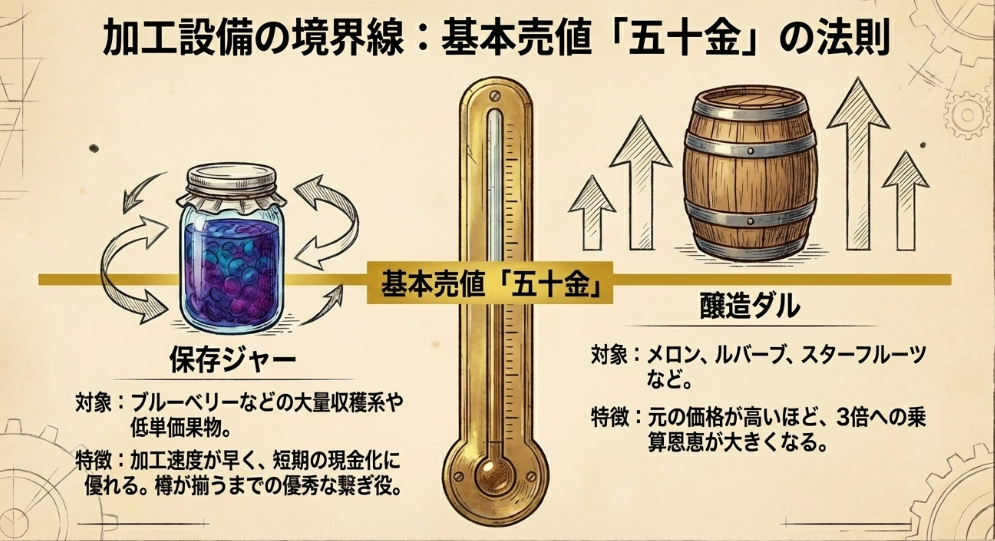 基本売価50gを境に、低単価果物は保存ジャー、高単価果物は醸造ダルが向くことを示す比較図