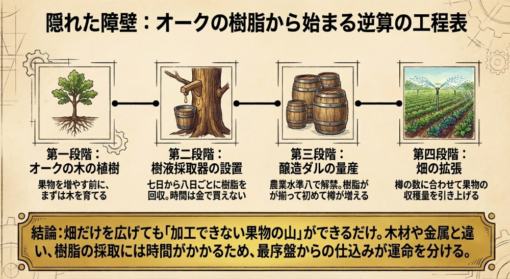 オークの木の植樹から樹液採取器、醸造ダル量産、畑拡張までの流れを示した工程スライド