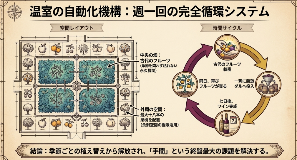 温室で古代のフルーツと果樹を配置し、週1回の収穫から醸造ダル投入までを循環させる仕組みを示した図