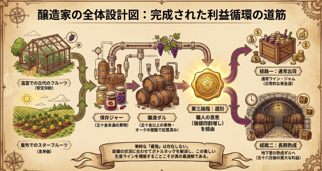 温室、保存ジャー、醸造ダル、職人、通常出荷、地下室熟成までをつないだワイン利益循環の全体図