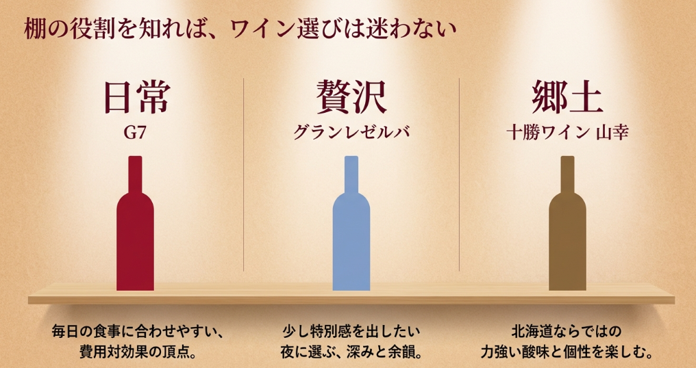 日常(G7)、贅沢(グランレゼルバ)、郷土(十勝ワイン)という棚の役割を説明する図。