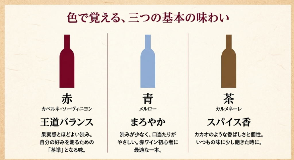 赤(カベルネ)、青(メルロー)、茶(カルメネーレ)のラベル色による味わいの違いをまとめた表。
