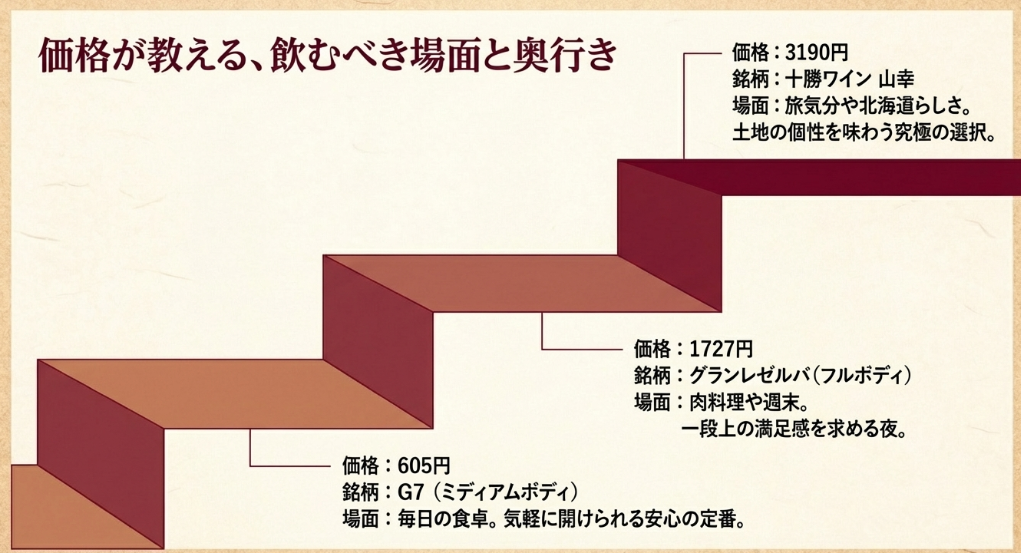 605円から3190円までの価格帯に応じた、おすすめの銘柄と飲むべき場面の解説。