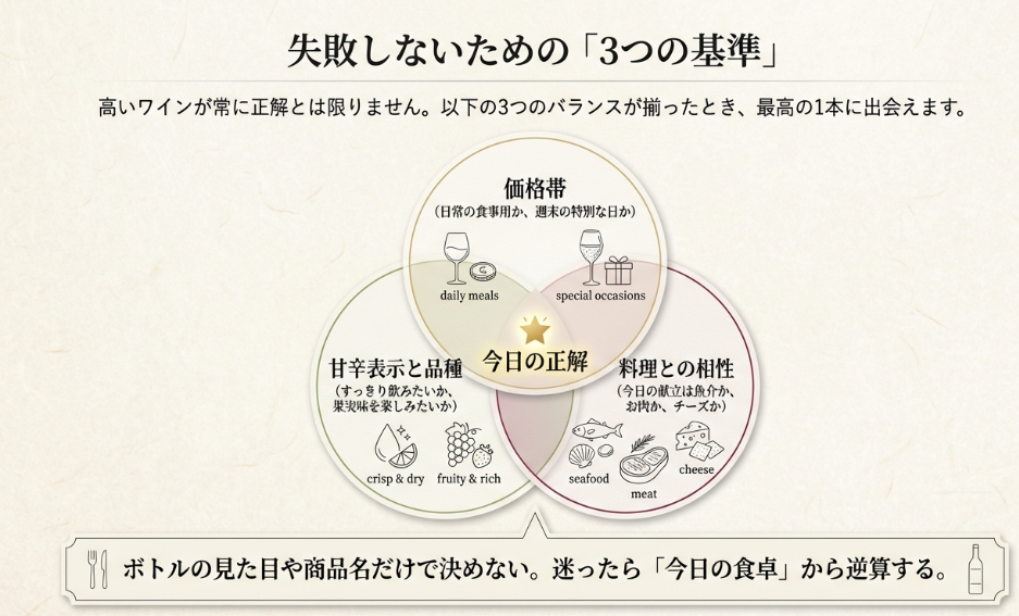 価格帯、甘辛表示と品種、料理との相性の3つを基準にセイコーマートの白ワインを選ぶ考え方を示した図