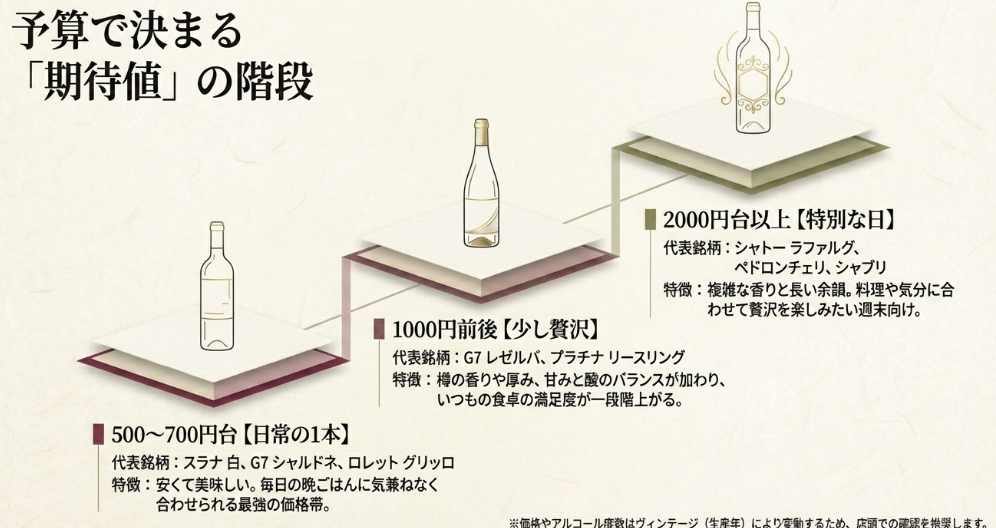 500〜700円台、1000円前後、2000円台以上の3段階でセイコーマートの白ワインを整理した価格帯比較スライド
