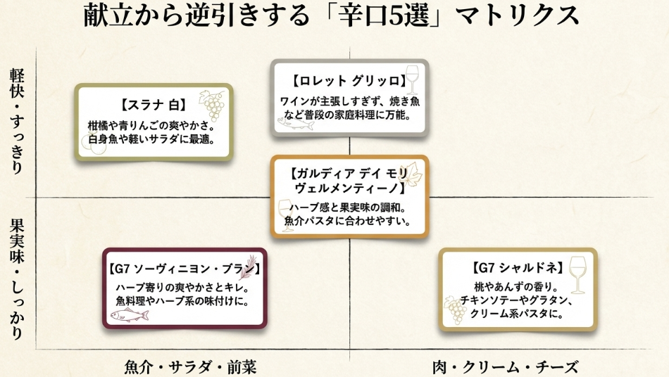 スラナ白、G7ソーヴィニヨン・ブラン、G7シャルドネ、ヴェルメンティーノ、ロレットグリッロを料理との相性で整理した辛口比較図