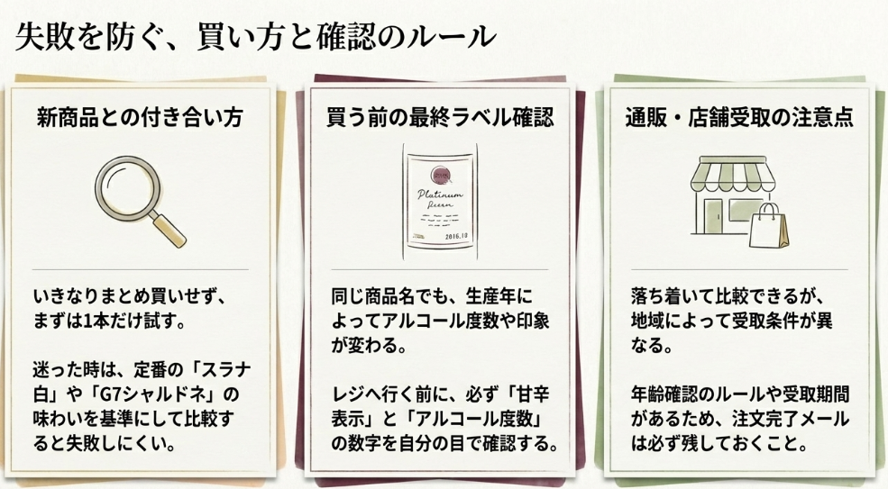 新商品との付き合い方、買う前のラベル確認、通販や店舗受取の注意点を3項目で整理した確認ルールのスライド