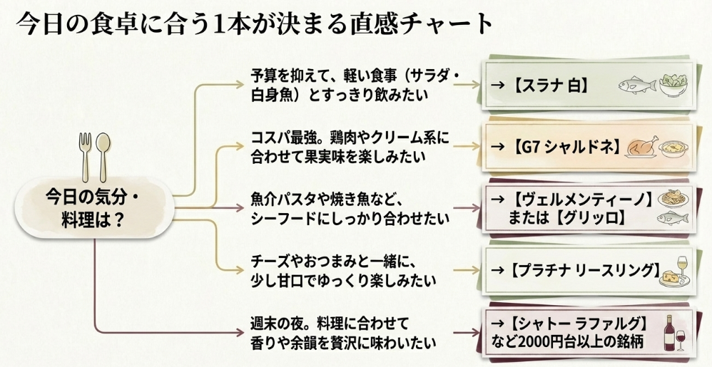 今日の料理や気分に合わせてスラナ白、G7シャルドネ、ヴェルメンティーノ、グリッロ、プラチナ リースリング、シャトー ラファルグなどを選ぶ判断チャート