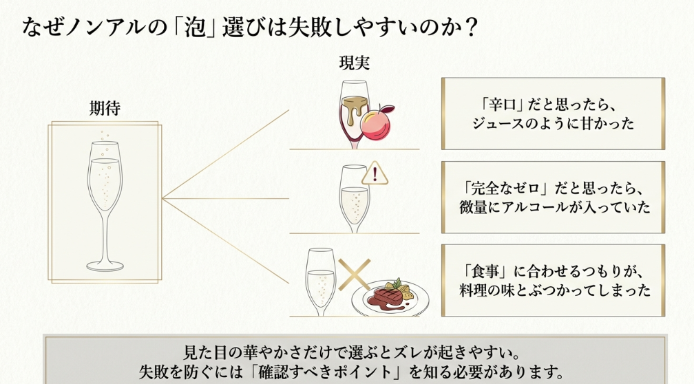 辛口だと思ったら甘い、完全ゼロだと思ったら微量アルコールなどの失敗例を示すスライド