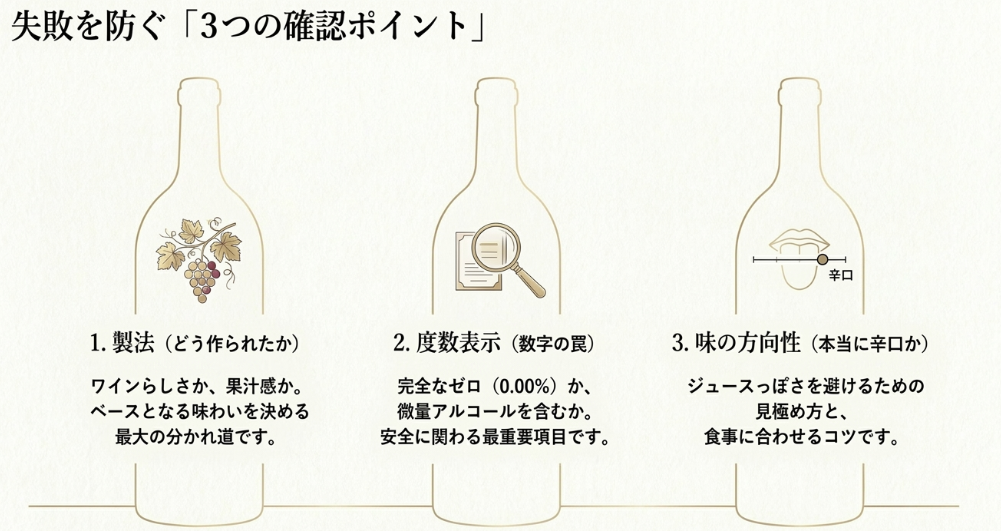 製法、度数表示、味の方向性の3点を確認する重要性を説明するスライド
