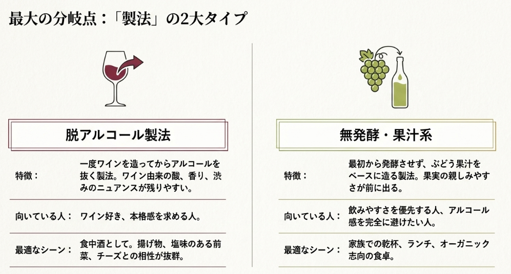 脱アルコール製法と無発酵・果汁系の特徴、向いている人、最適なシーンを比較するスライド