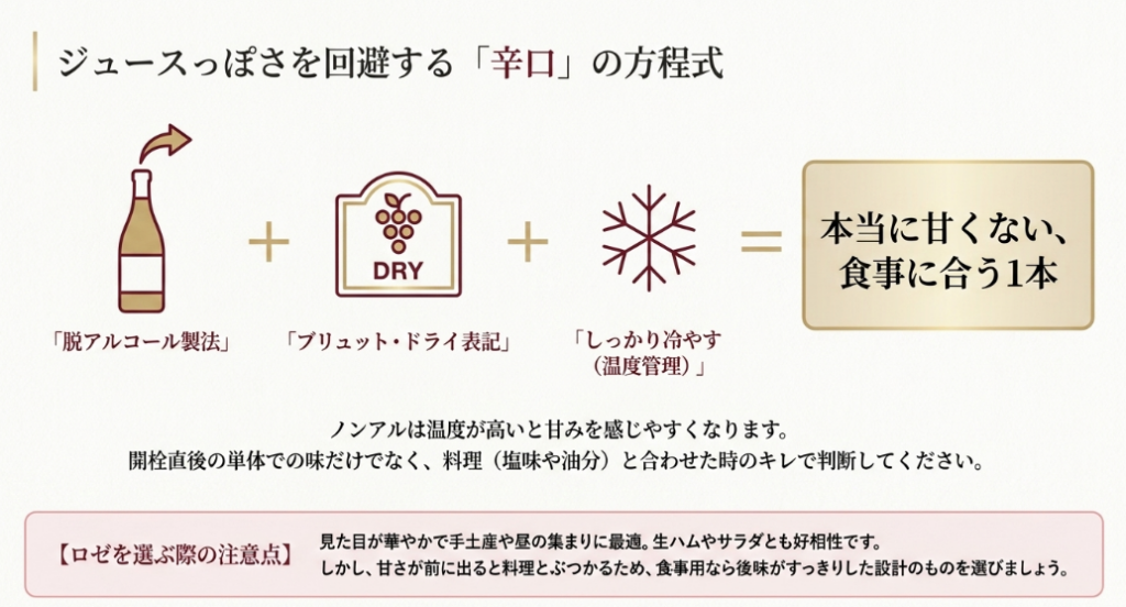 脱アルコール製法、ブリュット・ドライ表記、冷やし方で甘くない1本を選ぶ方法を示すスライド