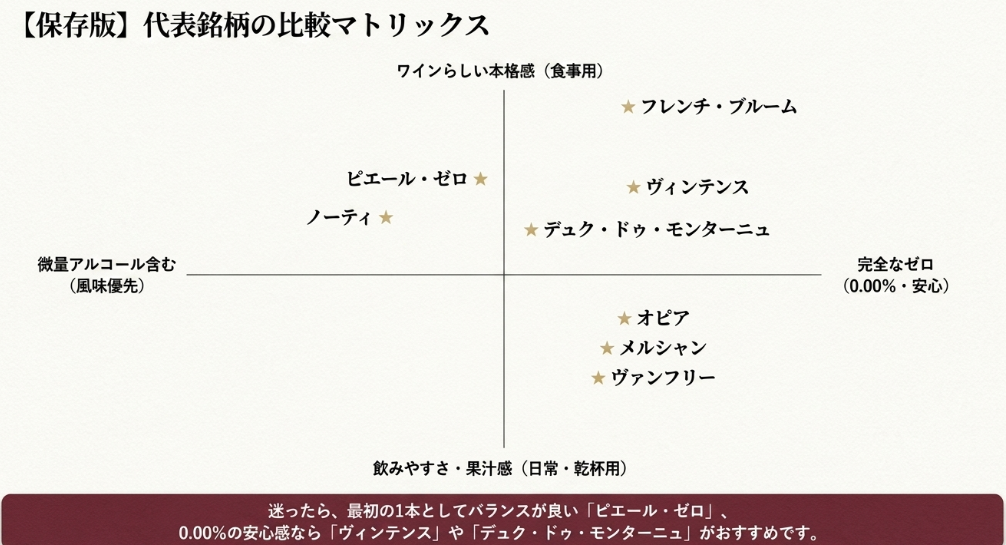 代表的なノンアルスパークリング銘柄をワインらしさと完全ゼロの軸で比較した図
