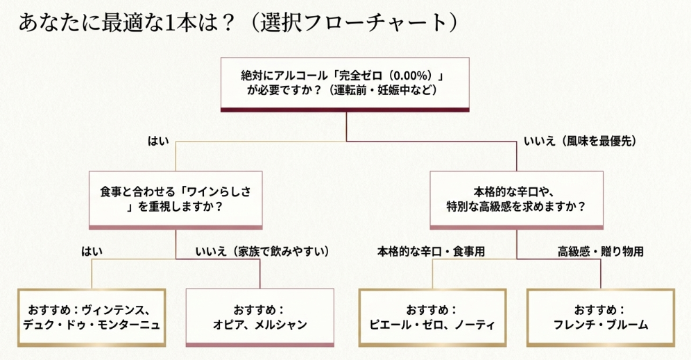 完全ゼロの必要性、食事との相性、高級感の有無からおすすめ銘柄へ導く選択フローチャート