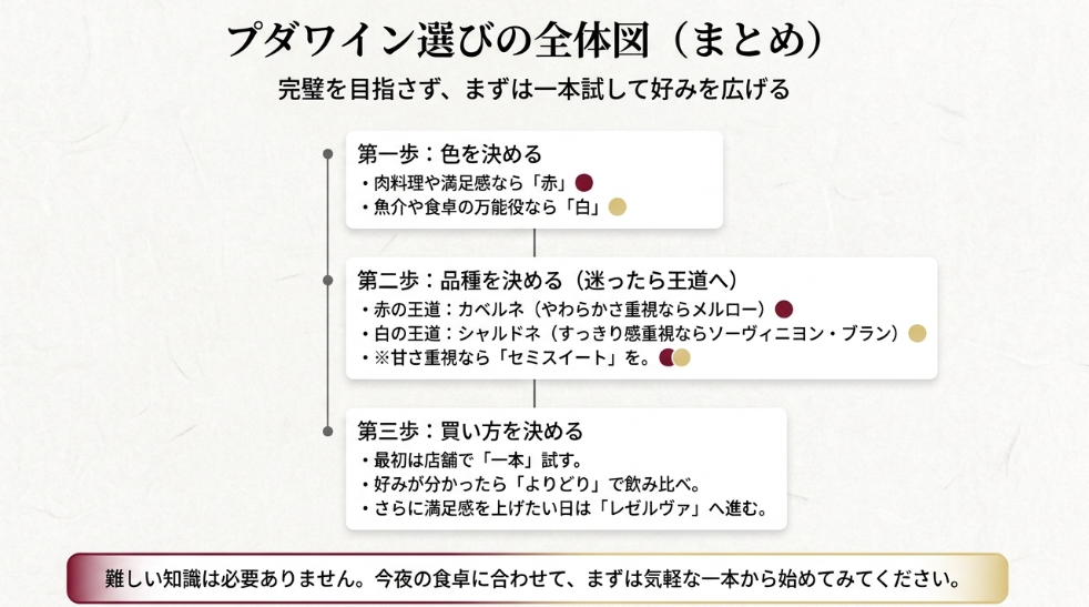 色、品種、買い方の3ステップでプダワインの選び方をまとめた図解