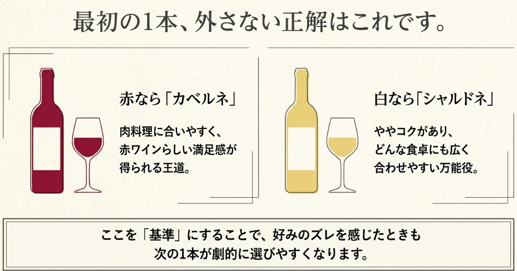 赤ならカベルネ、白ならシャルドネを基準にプダワインを選ぶ図解