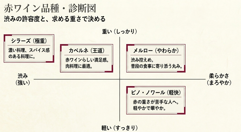 カベルネ、メルロー、ピノ・ノワール、シラーズを渋みと重さで比較した図解