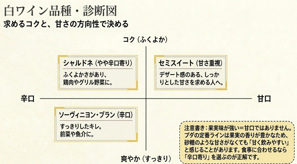 シャルドネ、ソーヴィニヨン・ブラン、セミスイートをコクや甘辛で比較した図解